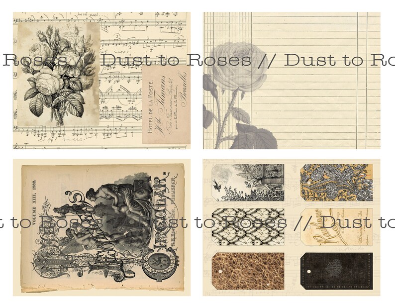 May include: A collage of vintage images featuring roses, music sheets, and text that reads "Dust to Roses". The images are in black and white and have a distressed, aged look.