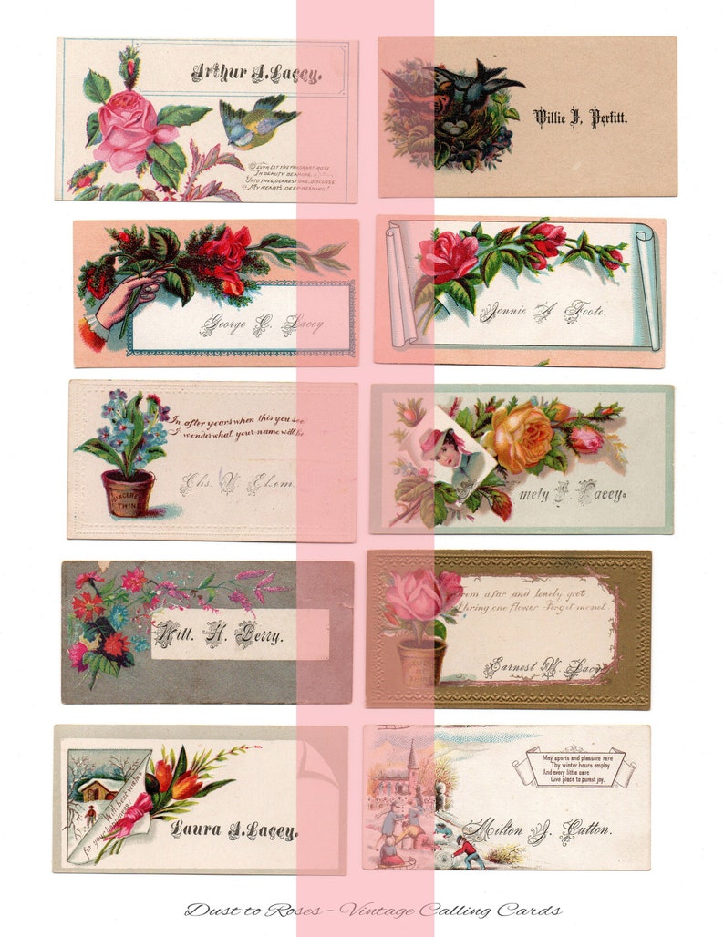 May include: A collection of vintage calling cards with floral and nature-themed designs. The cards feature names like Arthur L. Lacey, Willie J. Perfitt, George & Lacey, The Clem, Mely Lacey, Hill A. Betty, Earnest Lacey, Laura J. Lacey, and Hoilton J. Latten. The cards are printed on a variety of paper stocks and feature a variety of colors and designs.