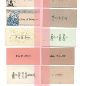 May include: A collection of vintage calling cards with decorative borders and handwritten names, including Mary M. Thompson, Jerry R. Cutton, Robert H. Fisk, Etta B Noyes, Anna L. Elsom, Mrs. N.C. Bidleman, and D. Judson. The cards are printed on cream-colored paper with black ink.