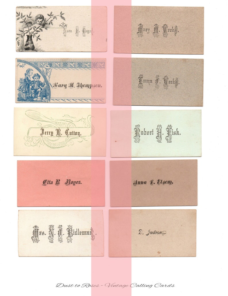 May include: A collection of vintage calling cards with decorative borders and handwritten names, including Mary M. Thompson, Jerry R. Cutton, Robert H. Fisk, Etta B Noyes, Anna L. Elsom, Mrs. N.C. Bidleman, and D. Judson. The cards are printed on cream-colored paper with black ink.