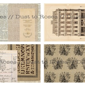May include: A collage of vintage images with a brown and white color scheme. The images include a newspaper clipping, a product label for a perfume and soap, a building facade, a handwritten list, and a pattern of roses.