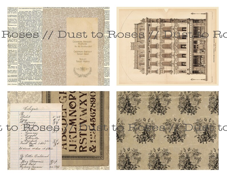 May include: A collage of vintage images with a brown and white color scheme. The images include a newspaper clipping, a product label for a perfume and soap, a building facade, a handwritten list, and a pattern of roses.