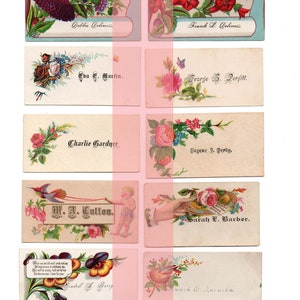 May include: A collection of vintage calling cards with floral designs and handwritten names. The cards are printed on white paper with a light blue border and feature a variety of flowers, including roses, pansies, and forget-me-nots.