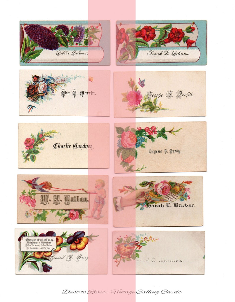 May include: A collection of vintage calling cards with floral designs and handwritten names. The cards are printed on white paper with a light blue border and feature a variety of flowers, including roses, pansies, and forget-me-nots.