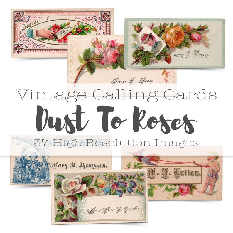 May include: A collection of 37 vintage calling cards featuring floral designs and text. The cards are printed on paper with a cream background and have a variety of colors, including pink, blue, green, and yellow. The text on the cards includes names and greetings.