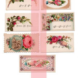 May include: A collection of vintage calling cards featuring floral designs and handwritten names. The cards are decorated with roses, leaves, and other floral elements. The text on the cards includes names like "George & Lacey", "Emma M. Turner", and "Mrs. Ross J. Greak".