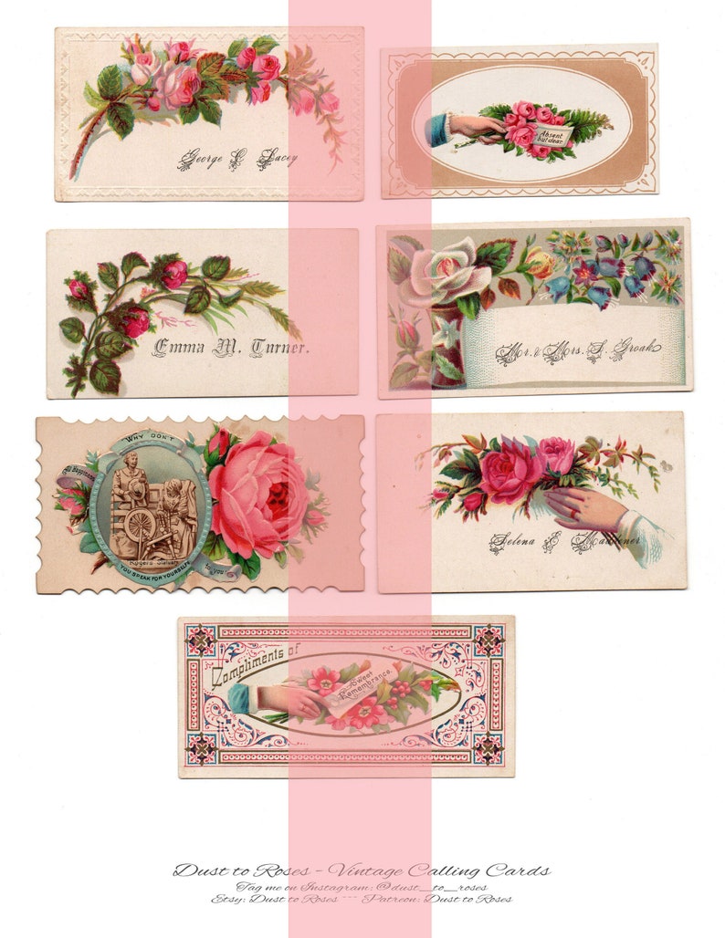 May include: A collection of vintage calling cards featuring floral designs and handwritten names. The cards are decorated with roses, leaves, and other floral elements. The text on the cards includes names like "George & Lacey", "Emma M. Turner", and "Mrs. Ross J. Greak".