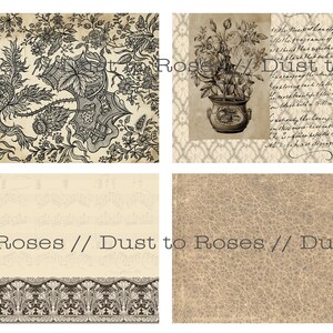 May include: A digital collage featuring four different vintage-style patterns. The top left image shows a black and white floral pattern. The top right image shows a black and white illustration of a bouquet of roses in a vase with a handwritten text overlay. The bottom left image shows a vintage music sheet with the text "Dust to Roses" in black. The bottom right image shows a brown textured background with the text "Dust to Roses" in black.
