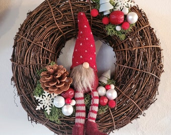 Holiday Gnome Wreath Woodland Christmas Decor Winter Snow Cottage Core Pine Cone Mushroom Neutral Cute Home Gift