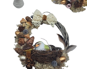 Handmade Rustic Woodland Wreath with Bird Nest Mushrooms  Pinecones  Cozy Nature Inspired Home Decor