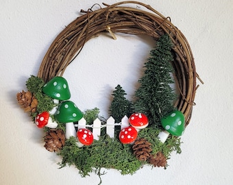 Wreath Mushroom Fence Woodland Decor Cottage Core Pine Cone Mushroom Autumn Neutral Cute Home Gifts for Fall