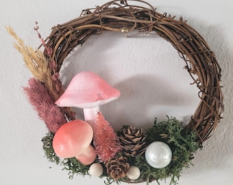 Mini Mushroom Wreath Woodland Decor Cottage Core Pine Cone Mushroom Autumn Neutral Cute Home Gifts for Fall