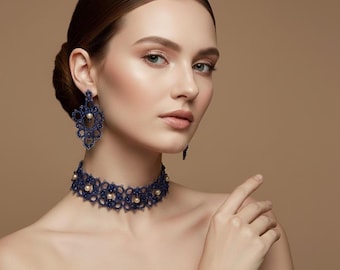 Royal Blue Tatting Lace Choker & Earrings – Handmade Statement Heirloom Jewelry