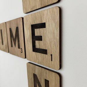 giant wall letter scrabble style ready to hang, laser cut, in relief on natural wood, family scrabble