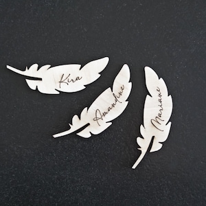 Feather-shaped wooden placemark, for wedding, baptism, birthday, table decoration, guest gift, table card, laser cut image 1