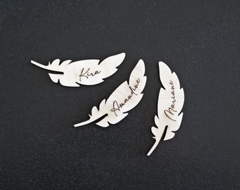 Feather-shaped wooden placemark, for wedding, baptism, birthday, table decoration, guest gift, table card, laser cut