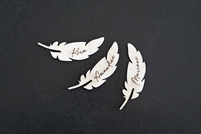 Feather-shaped wooden placemark, for wedding, baptism, birthday, table decoration, guest gift, table card, laser cut image 1