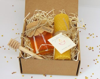 Presentset med bihonung, bivaxljus, honung och strömstare, miljövänligt bidrottning-presentset, tack, presentset med honungskaka, plastfritt
