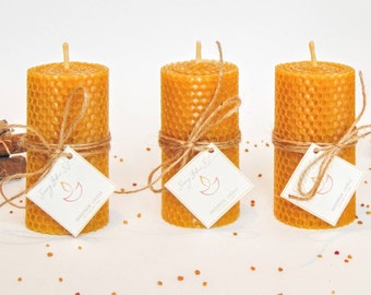 Vela de cera de abeja ecológica, Juego de regalo sin desperdicio de 3 velas de cera de abeja enrolladas a mano, Velas de pilar de cera de abeja natural, Decoración rústica de velas de abeja