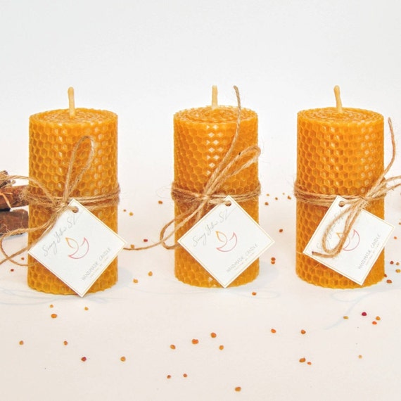 Umweltfreundliche Bienenwachskerze, Zero waste Geschenk set von 3 handgerollten Bienenwachskerzen, Natürliche Bienenwachssäule Kerzen, Rustikale Bienenkerzen Deko