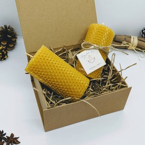 Pillar Beeswax candles gift,  Honeycomb Pair of  Beeswax Candles gift, Christmas  Eco friendly candles gift set from bee, New home gift set