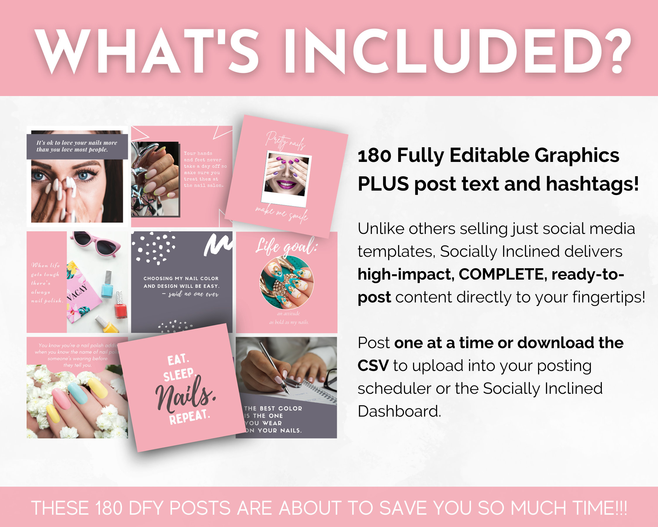 NAIL ART Content Bundle 180 Complete Posts Captions, Hashtags, Canva