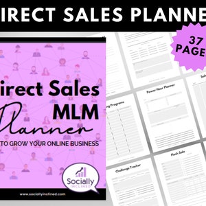Op de afbeelding: Een roze en witte printbare planner met de tekst "Direct Sales MLM Planner to Grow Your Online Business" en een grafiek van een netwerk van mensen. De planner bevat 37 pagina's met secties voor verkoop tracking, power hour planning, challenge tracking, flash sales en maandelijkse doelen.