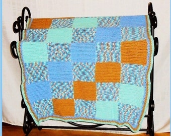 Blue Baby Blocks Blanket, Blue Green Brown, Crochet Baby Blanket, Color Block Blanket, Crochet Crib Blanket, Baby Boy Gift, New Baby Gift.