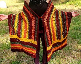 Rustic Crochet Blanket Wrap, Rich Fall Colors, Versatile Winter Wrap, Gorgeous Autumn Colors, Handmade Crochet, Generous 97 x 24 Size.