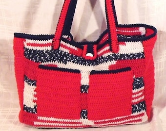 Crochet Tote Bag, Red White and Blue Tote, USA Tote Bag, Handmade Crochet, Large Summer Bag, Market Tote, Beach Tote, Back to School.