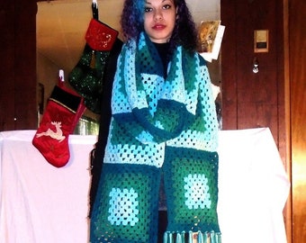 Not Your Granny's Scarf, Granny Square Scarf, Oversize Scarf, 143 Inches Long, Shades of Teal, Handmade, Ready to Ship, Blanket Scarf.