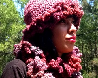 Cozy Crochet Scarf Set, Curly Loops Scarf and Hat, Shades of Rose, Handmade, Hat with Trim, Bulky Crochet Scarf, Crochet Hat and Scarf.