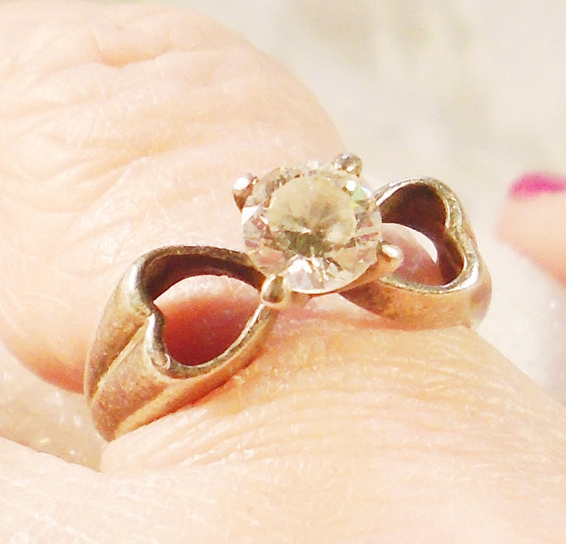 Heavy Sterling Ring 1980s Sterling Ring Open Heart Band Vintage CZ Solitaire Ring 7 mm Clear CZ Hearts Engagement Ring High Profile.