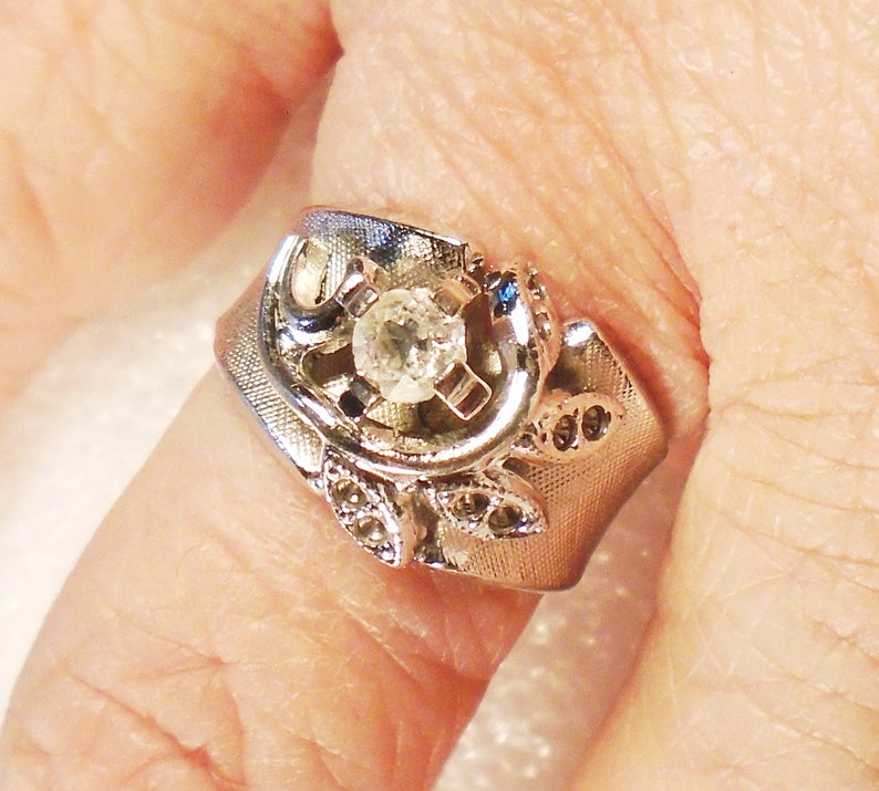 Leaf Design 18 KT White Gold Plate Cocktail Ring. Brushed Satin Finish 1950s Wedding Ring Wide Band Vintage ESPO CZ Engagement Ring