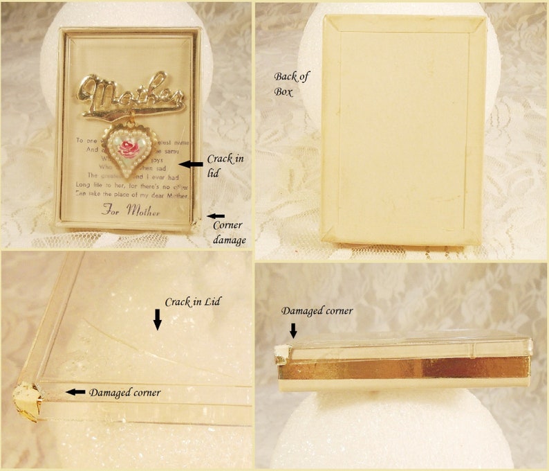 Gold Mother Brooch 1940s Brooch In Original Box Mother/'s Day Gift. Pearl Heart Dangle Hand Painted Pink Rose Vintage Mother Brooch