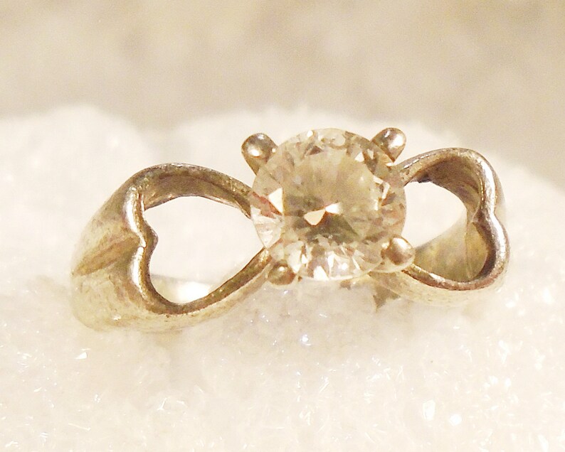 Heavy Sterling Ring 1980s Sterling Ring Open Heart Band Vintage CZ Solitaire Ring 7 mm Clear CZ Hearts Engagement Ring High Profile.