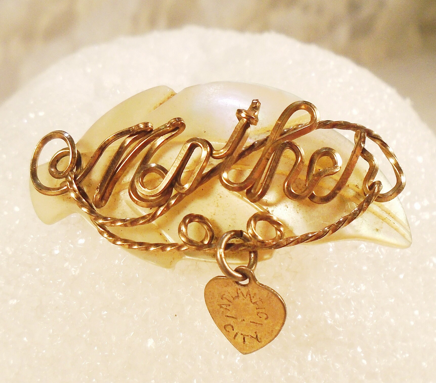 Antique MOP Mother Brooch Gold Wire Script Carved MOP Leaf Pin