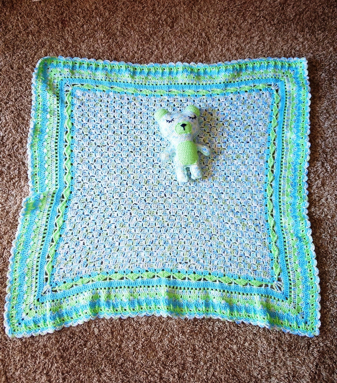Blue and Green Baby Blanket With Beautiful Border, Matching Sleepy Bear