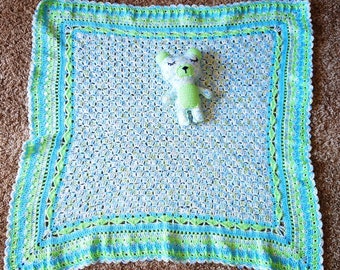 Blue and Green Baby Blanket with Beautiful Border, Matching Sleepy Bear, Handmade Crochet, Crib Blanket, 31 x 32 Baby Blanket, ReadyToShip.