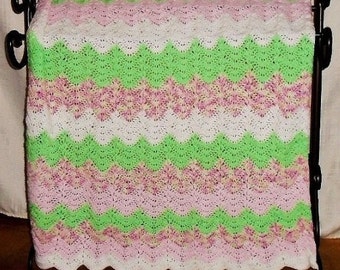 Pastel Ripple Crochet Blanket, Pink Green White Stripe, Handmade Crochet, Pink Stripe Toddler Blanket, Pink and Green Ripple Throw.