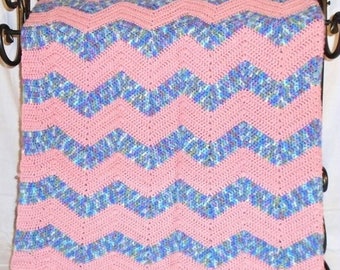 Pink Watercolor Crochet Blanket, Striped Crochet Afghan, Pink and Blue Stripes, Handmade Crochet Throw, Ripple Throw, Large Chevron Throw.