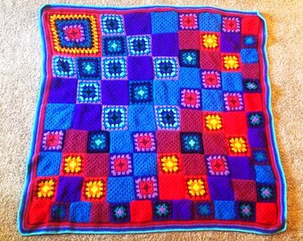 Falling Granny Square Afghan, 60 x 60 Crochet Blanket, Red, Purple, Blue, Multi-Color Crochet Throw, Acrylic Yarn, Handmade Crochet.