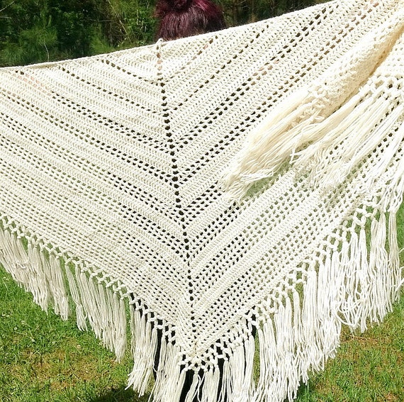 Boho Chic Shawl, Handmade Crochet Wrap, Off White Triangle Shawl, Knotted Lattice Trim, Hippie Chic Wrap, Festival Shawl, Summer Shawl - Summer Crochet