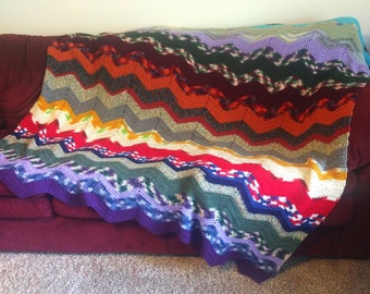 Large Ripple Crochet Afghan, Multi-Color Chevron Throw, Vintage Style Handmade Crochet, 81 x 85 Ripple Blanket, Colorful Wavy Stripe Afghan.