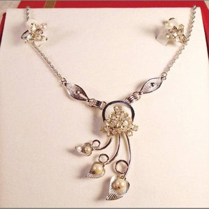 Rare Bojar Crystal and Pearl Jewelry Set, Bojar Demi Parure, Filigree Sterling Silver, Vintage 1950s Bojar, Screwback Earrings.