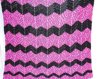 Not Your Grandma's Ripple, Pink and Black Crochet Afghan, Handmade Crochet, Ripple Crochet Throw, Twin Size Blanket, Chevron Stripe Blanket.