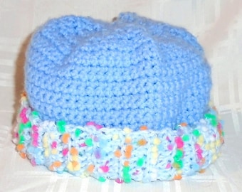 Blue Crochet Baby Hat, Handmade Crochet Hat, Blue with Multicolor Trim Hat, Soft Acrylic Hat, Blue Crochet Baby Hat, Blue Baby Beanie Cap.