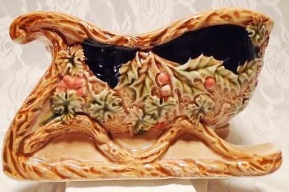 Wood Look Ceramic Sleigh 1960s CMC Planter Christmas Decor. Detailed Holly Design Vintage Sleigh Planter Victorian Christmas Planter