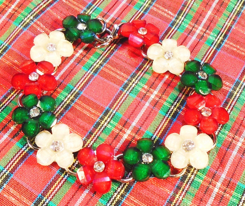White Flowers Sterling Silver Red Flowers 40s Lucite Flower Bracelet. Green Flowers Vintage Lucite and Rhinestone Christmas Bracelet