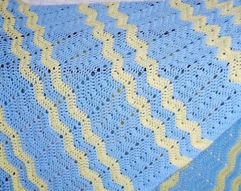 Blue and Yellow Crochet Blanket, Handmade Crochet, Blue and Yellow Stripes, Chevron Stripe Blanket, Crib Blanket, Toddler Nap Throw.
